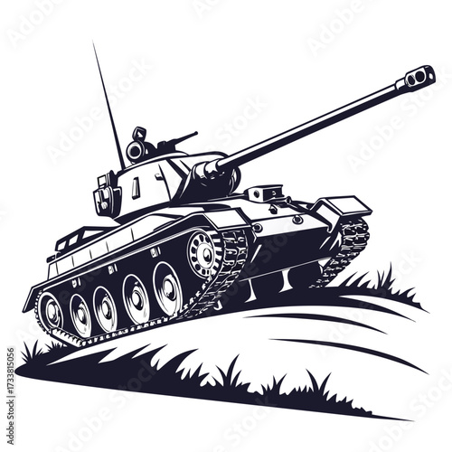 Dark blue military tank silhouette on white background