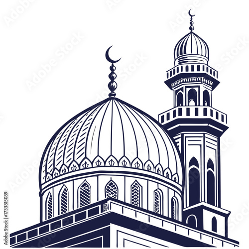 Dark blue mosque dome and minaret silhouette on white
