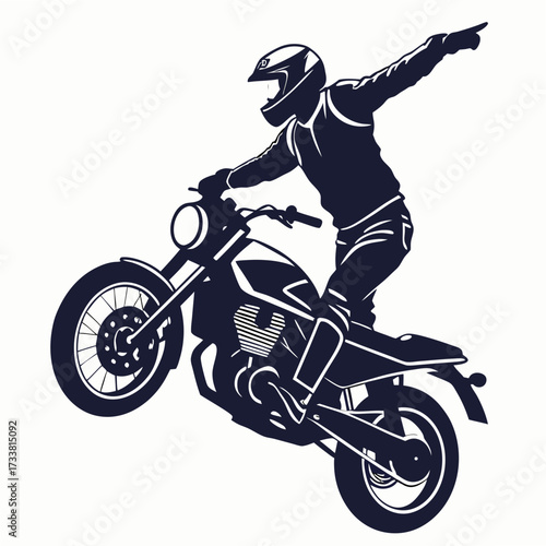 Dark blue motorcycle rider doing a wheelie on white background