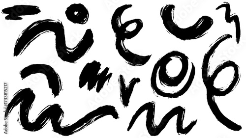 Black ink brush strokes collection. Hand drawn abstract curved shapes and wavy lines with grunge circles. Grunge swirl accents with bold marker texture. Chaotic brush scribbles decorative vector set.