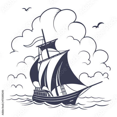 Dark blue sailing ship silhouette on white background with clouds and birds