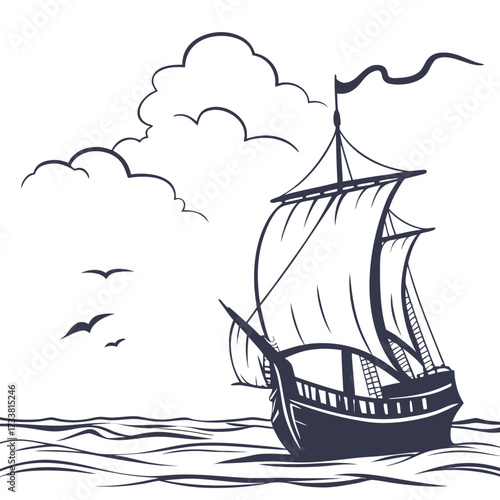 Dark blue sailing ship silhouette on white background with clouds and birds 2