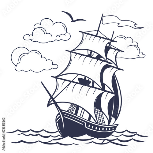 Dark blue sailing ship silhouette on white background with clouds and waves