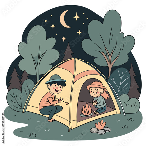 Two children roasting marshmallows by campfire at night