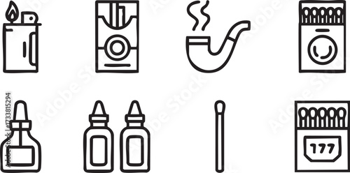 Lifestyle smoking line art icons set with nicotine health risk cigarettes and unhealthy habit graphics