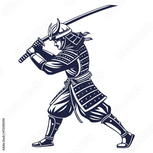 Dark blue samurai warrior in action pose with sword