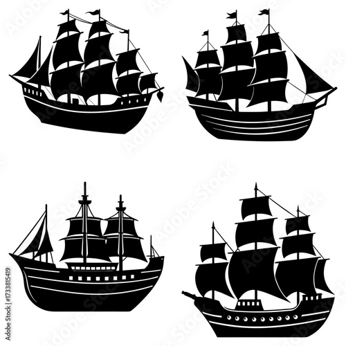 Collection of four black silhouette sailing ships with multiple masts and billowing sails on white background