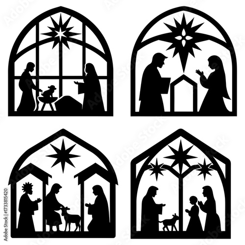 Four nativity scene silhouettes depicting the birth of jesus christ with star and arched frames design