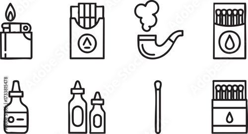 Smoking vector line icons set with cigarettes lighter tobacco pipe and health risk warning design