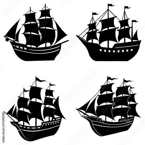 Four black silhouettes of sailing ships with multiple masts and sails on a white background image art