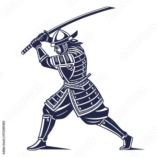 Dark blue samurai warrior with sword raised on white