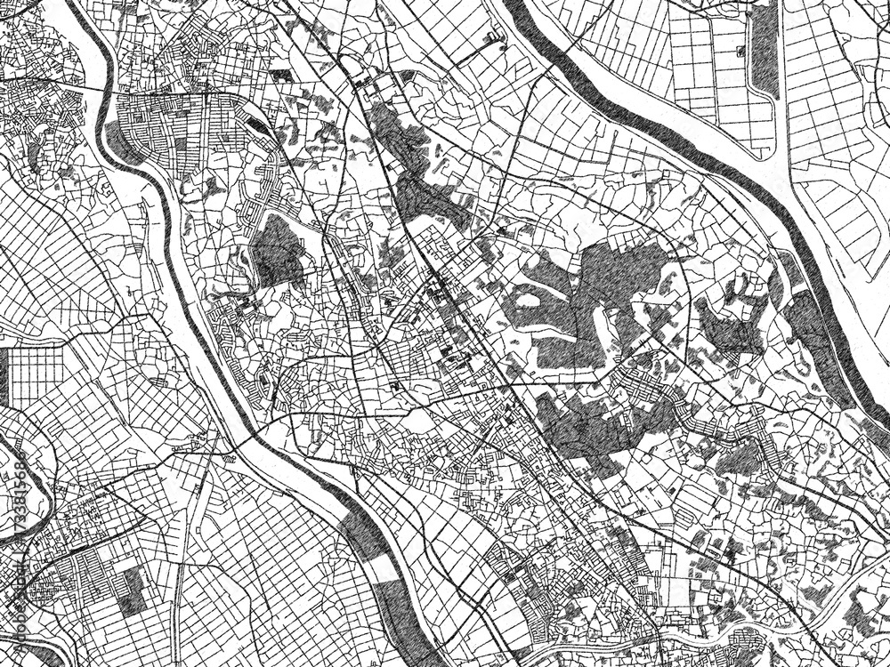 Naklejka premium Poster-ready black and white illustration map of Noda, Japan, detailed and artistic.
