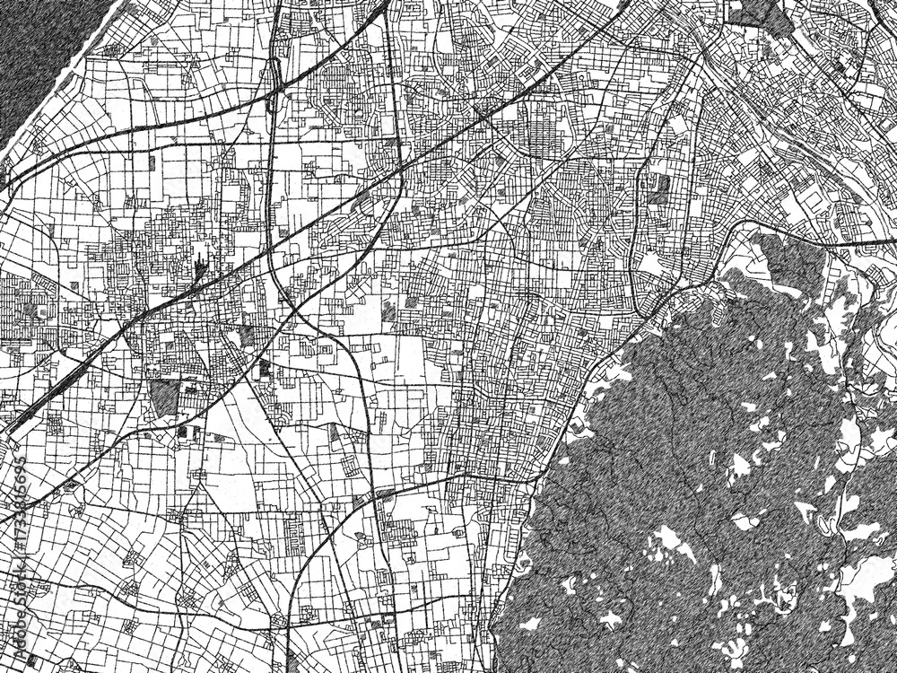 Naklejka premium Monochrome hand-drawn map of Nonoichi, Japan, ideal for decorative and editorial use.