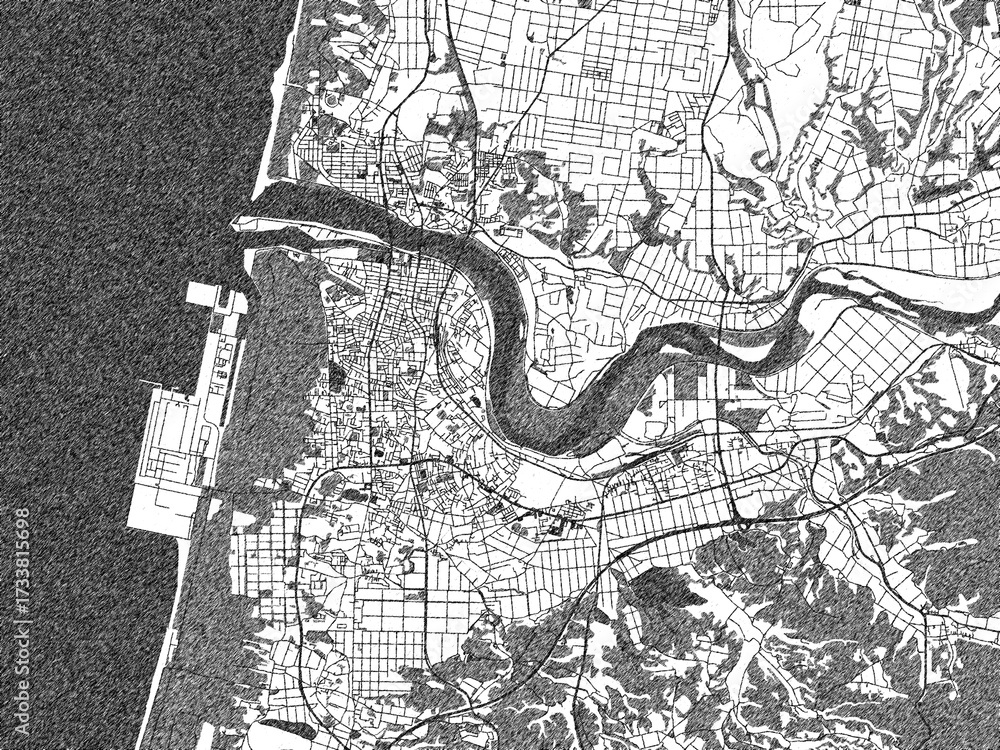 Obraz premium Stylized decorative city map of Noshiro, Japan, hand-drawn in black and white.