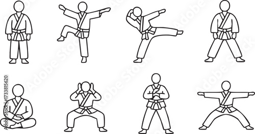 Martial arts training line art icons set with combat moves self defense and fitness illustrations