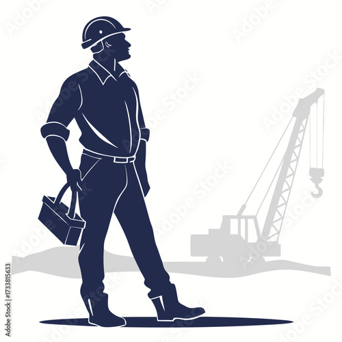 Dark blue silhouette construction worker with toolbox and crane