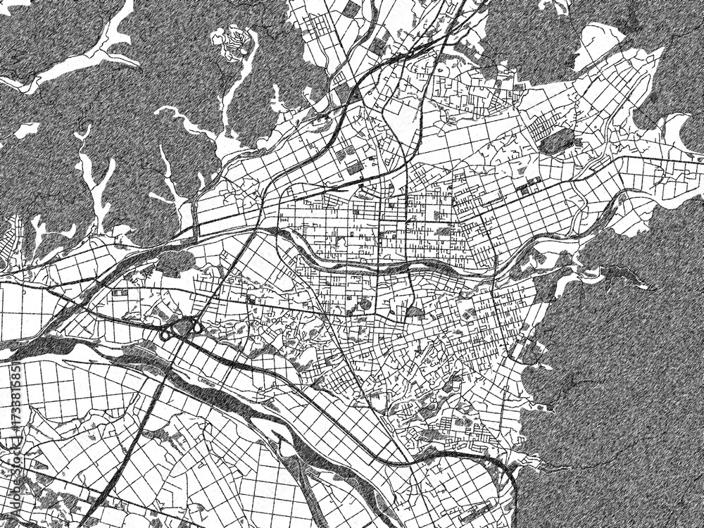 Naklejka premium Decorative black and white map of Odate, Japan, rendered in sketch-like style.