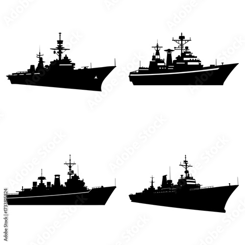 Four silhouettes of warships with detailed superstructures and various antenna configurations are shown