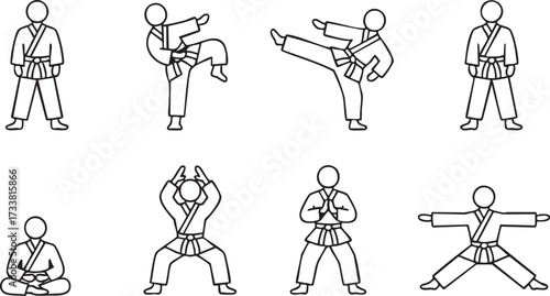 Martial arts vector line icons set with karate taekwondo combat poses and training symbols