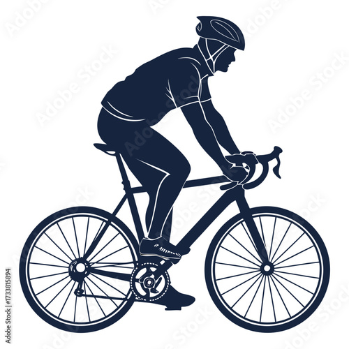 Dark blue silhouette of a man riding a bicycle wearing a helmet
