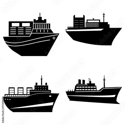 Four black and white silhouette illustrations of cargo ships and container vessels on a white background