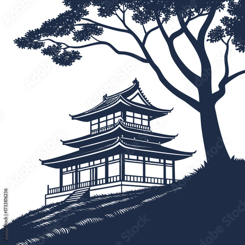 Dark blue silhouette of a multi-tiered pagoda under a large tree
