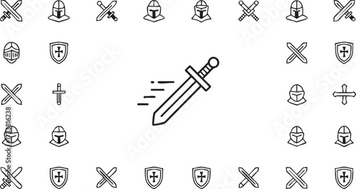 Fantasy warrior line art icons collection with medieval weapons knights armor and battle elements