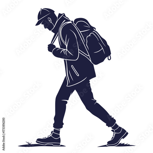Dark blue silhouette of a person with a backpack walking