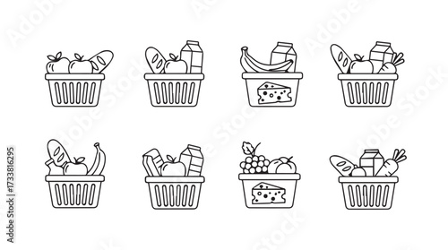 Collection of fresh groceries hand drawn sketch style in shopping baskets grocery shopping icons vector