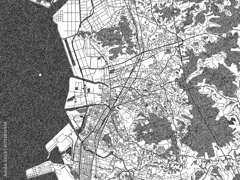 Naklejka premium Stylized decorative city map of Omuta, Japan, hand-drawn in black and white.