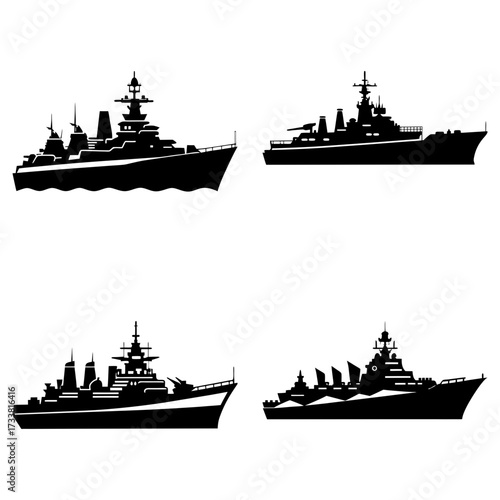 Four silhouettes of warships with detailed superstructures and weaponry on a white background in a grid pattern