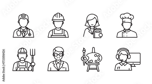 Diverse professional icons set featuring medical doctor engineer artist and chef uniforms vector