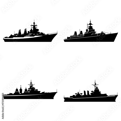 Four silhouette illustrations of various naval warships with detailed superstructures and hulls shown