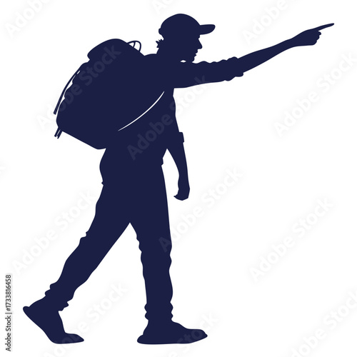 Dark blue silhouette of a traveler with backpack pointing forward