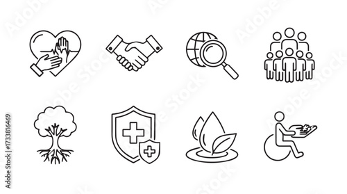 Collection of hand drawn icons representing charity health community nature security water and disability inclusivity vector
