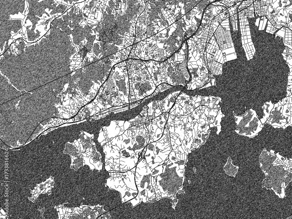 Naklejka premium Monochrome hand-drawn map of Onomichi, Japan, ideal for decorative and editorial use.