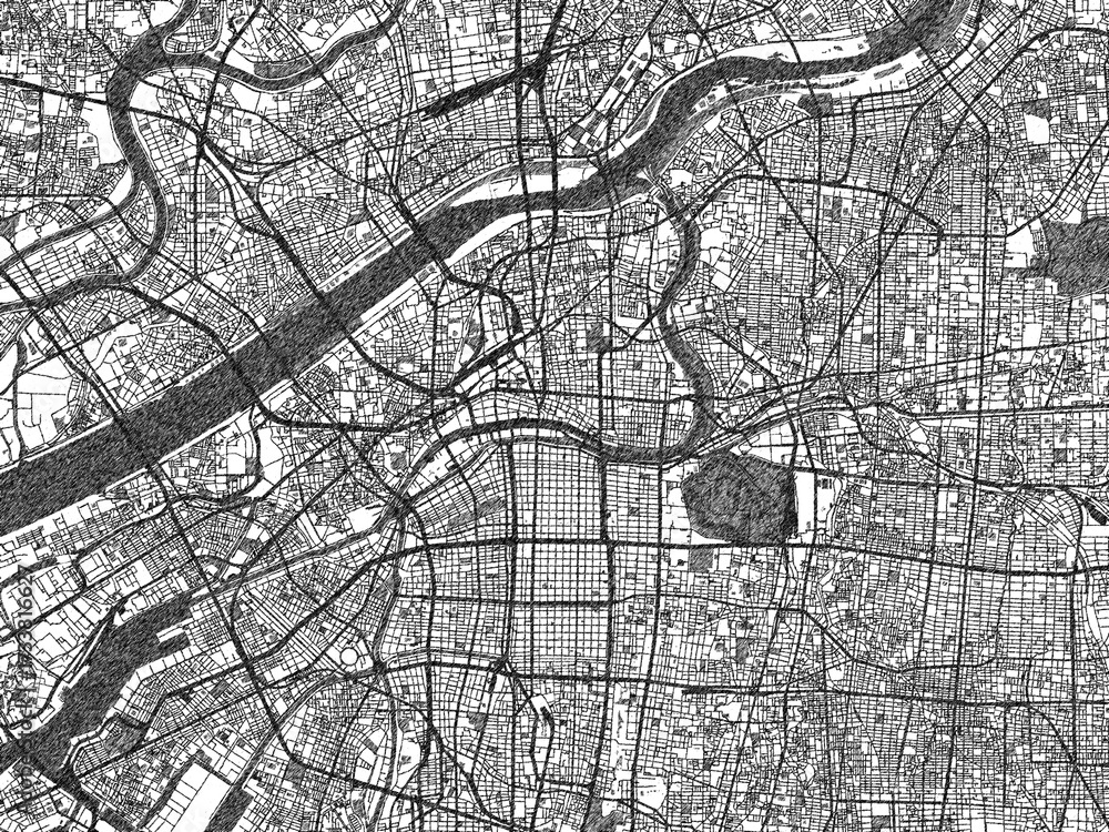Obraz premium Poster-ready monochrome city map of Osaka, Japan, with detailed streets and rivers.