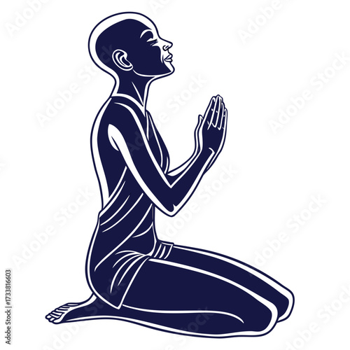 Dark blue silhouette of person in meditation pose on white background