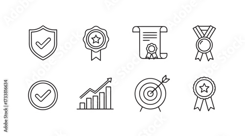 Set of eight hand drawn icons for quality assurance success and achievement in business vector