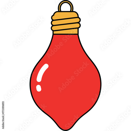 A simple cartoon illustration of a red christmas light bulb with a gold top and hanging loop design silhouette