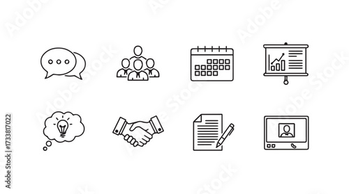 Hand drawn business icons representing collaboration ideas calendar presentation and agreement vector