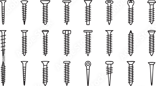 Industrial vector icons pack with line art screws fasteners and building repair design tools