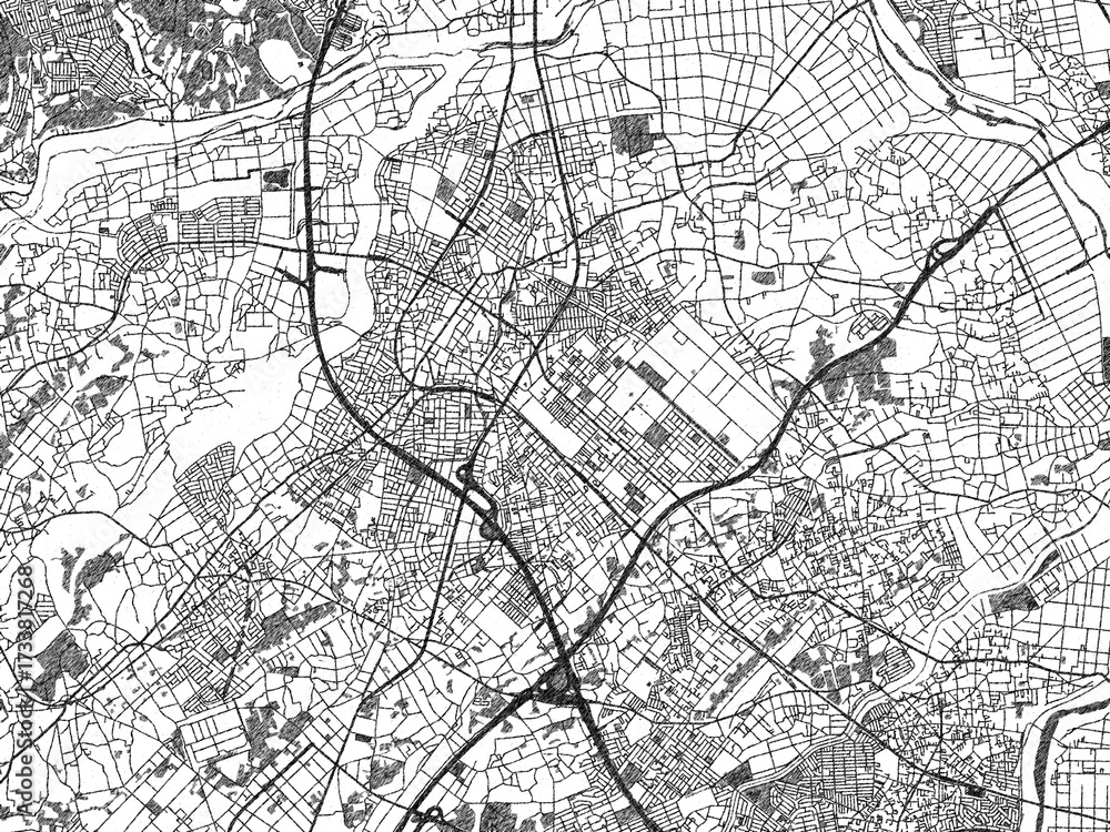 Naklejka premium Illustrated city map of Sakado, Japan, in black and white, showing roads and textures.