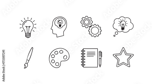 Set of eight creative idea icons featuring lightbulb brain gears paintbrush star and notebook vector