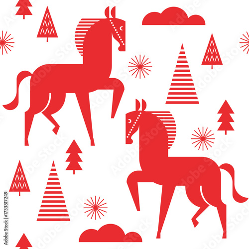 Seamless pattern with red horses