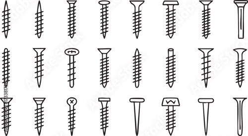 Hardware outline icons pack with screws bolts and mechanical fasteners for carpentry and repair