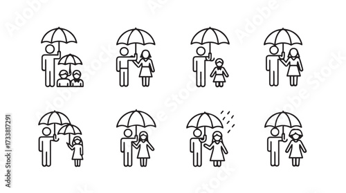 Family protection icons under umbrella showing care safety security and love togetherness vector