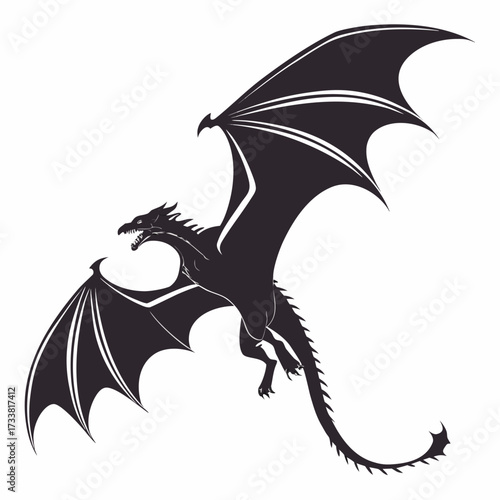Dark dragon in flight silhouette on white background