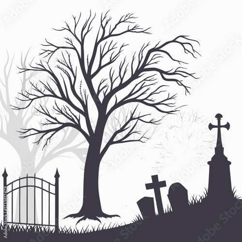 Dark graveyard scene with bare tree tombstones and gate