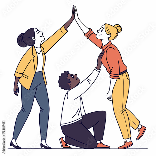 Three people giving high five forming a roof shape